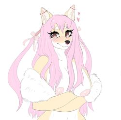 accessory anthro blush breasts brown_eyes canid canine canis domestic_dog female fluffy_accessory hair hi_res mammal piercing pink_hair shiba_inu solo sparkling_eyes spitz squish