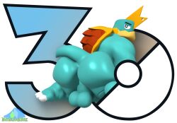 2026 3d_(artwork) albalbalb alpha_channel anthro balls big_balls big_butt blue_body blue_skin butt claws digital_media_(artwork) drednaw feet furrowed_eyebrows generation_8_pokemon genitals huge_butt kneeling looking_back male muscular muscular_male nintendo pokemon pokemon_(species) pokemon_30_years shell simple_background solo tail tan_body tan_skin toe_claws transparent_background watermark