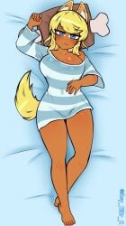 alternate_version_at_source alternate_version_available blonde_female blonde_hair blue_eyes dakimakura dakimakura_design dark-skinned_female dark_skin female female_focus female_only liru looking_at_viewer lying lying_on_back lying_on_bed pajama_shirt pajamas renkin_san-kyuu_magical_pokaan seductive seductive_eyes seductive_look seductive_smile soy_elsr_k striped_pajamas tan_body tan_skin tanned tanned_female tanned_skin wolf wolf_ears wolf_girl wolf_girl_with_you wolf_tail