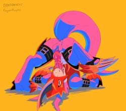 absurd_res animal_genitalia anthro anus armor autofellatio b00b00keys bandai_namco belt blue_body bodily_fluids claws clothing crop_top digimon digimon_(species) eyes_closed feet flamedramon footwear genital_slit genitals headgear helmet hi_res horn knot knotted_penis male masturbation open_mouth oral oral_masturbation orange_background penile penile_masturbation penis ribbed_penis roguemorpho saliva shirt simple_background solo tail tongue topwear