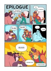 2026 accessory annoyed anthro big_butt big_muscles big_pecs big_penis black_body black_fur black_hair brown_body brown_fur butt canid canine cellphone clothed clothed_anthro clothed_male clothing comic cookie_(ruffythelion) dialogue duo electronics elemental_creature end_page english_text epilogue fangs felid fully_clothed fully_clothed_anthro fully_clothed_male fur generation_7_pokemon genitals gloves_(marking) green_clothing green_overalls grindr hair hair_accessory hairband hi_res holding_cellphone holding_object holding_phone holding_smartphone hole_in_wall incineroar leaf looking_at_object looking_at_phone male mammal markings morbidly_obese morbidly_obese_anthro morbidly_obese_male multiple_scenes muscular nintendo obese obese_anthro obese_male orange_hairband overalls overweight overweight_anthro overweight_male pantherine pecs penis phone phone_screen pokemon pokemon_(species) ponytail raccoon_dog red_body red_clothing red_fur red_shirt red_topwear repair repairing repairman ruffythelion shirt smartphone smile smirk speech_bubble sriracha_(ruffythelion) striped_body striped_fur stripes tanuki teeth text text_box tied_hair tiger topwear underbite undershirt yellow_nose yellow_sclera