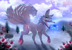 5_tails anus astralia berry blue_body blue_eyes blue_fur canid canine cloud collar ear_piercing ear_ring feathers female feral food fox fruit fur fur_markings genitals hi_res holding_object humanoid_genitalia humanoid_genitalia_on_feral humanoid_vulva humanoid_vulva_on_feral lamp lantern mammal markings multi_tail pawpads paws piercing plant ring_piercing sky snow solo tail tree vulva