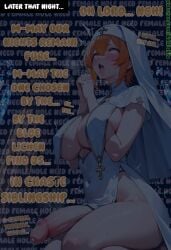 ahegao ai_generated caption flaccid gdala_fia_(series) gdalafia huge_breasts kneeling looking_at_viewer nun nun's_habit nun_outfit orange_eyes orange_hair penis praying precum text tongue_out