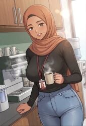 ai_generated coffee female hijab hijabi jeans office_lady tanned tanned_female tanned_skin