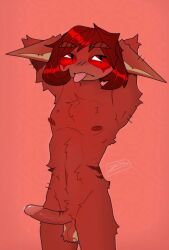 anthro balls big_penis electronic_arts erection eyebrow_through_hair eyebrows fur genitals grox_(spore) hair hands_behind_head hi_res k_grox long_ears long_penis male maxis_(ea) nikolaussuwulf nipples pattern_background penis red_background red_body red_eyes red_fur red_hair red_nipples short_hair simple_background skinny skinny_male solo spore_(game) spots standing striped_body stripes tan_body tan_fur tongue tongue_out translucent translucent_hair
