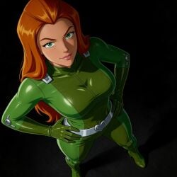 ai_generated belt black_background bodysuit cartoon_network close_up eye_contact female ginger ginger_female ginger_hair green_eyes green_suit hands_on_hips long_hair posing posing_for_picture posing_for_the_viewer sam_(totally_spies) simple_background tight_clothes tight_clothing totally_spies