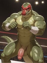 5_fingers abs ai_generated anthro balls crocodile crocodilian erection green_skin male male_only mask muscular muscular_anthro muscular_male nude penis scalie solo wrestling yiffinar