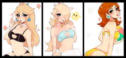 1other 3girls ass bare_arms bell_collar black_legwear blonde_hair blue_eyes breasts brown_hair cat_bra cat_keyhole_bra cherry female female_focus flower hair_over_one_eye heart lollipop long_hair luma mario_(series) multiple_girls nintendo peach_(fruit) princess_daisy princess_peach princess_rosalina rasbii simple_background smile tongue_out white_background white_legwear