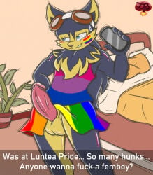 anthro balls bed bedroom_eyes bisexual_pride_clothing bisexual_pride_colors black_body black_fur blush bodypaint bottomwear canid canine canis cellphone clothed clothing dialogue digital_media_(artwork) electronics english_text erection eyewear eyewear_on_head face_paint femboy fur furniture genitals goggles goggles_on_head hi_res holding_cellphone holding_object holding_phone holding_smartphone humanoid_genitalia humanoid_penis ladycherrybomba lgbt_pride lgbt_pride_month male mammal multicolored_clothing narrowed_eyes penis phone pillow pink_penis pride_color_clothing pride_colors profanity rainbow_pride_bottomwear rainbow_pride_clothing rainbow_pride_colors raised_bottomwear raised_clothing raised_skirt seductive shirt six-stripe_rainbow_pride_colors skirt smartphone smile snapchat solo speech_bubble standing tank_top text topwear wolf yellow_body yellow_fur