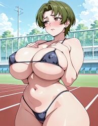 1girl ai_generated embarrassed micro_bikini school_gym solo sunohara_ikumi tsuma_netori_(series) voluptuous_female