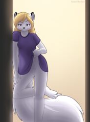 2019 absurd_res anthro arctic_fox bedroom_eyes blonde_hair blush breasts canid canine clothed clothing clothing_lift doorframe female fox fur hair half-closed_eyes hi_res looking_at_viewer mammal nipples nude oversized_shirt pussy raised_shirt seductive shirt shirt_lift sidni sidnithefox simple_background smaller_version_at_source smile solo standing white_fur