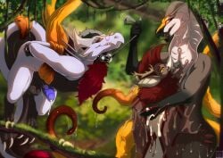 absurd_res ambiguous_fluids ambiguous_gender anthro antlers balls bat bdsm blakezarks bodily_fluids bondage bound brown_body capcom cel_shading collar cum detailed_background digital_drawing_(artwork) digital_media_(artwork) dragon dragos_(bzarks) elder_dragon eye_contact faulty_bat forest fur genital_fluids genitals group hi_res horn hypnosis jungle leash leash_pull leashed_collar looking_at_another male malzeno mammal melting melting_body membrane_(anatomy) merging mind_control monster_hunter mythological_creature mythological_scalie mythology penis plant reptile scalie shaded side_view smile snake spiral spiral_eyes submissive submissive_male tail tentacles tree trio white_body