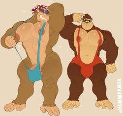 anthro ape areola banana_hammock barazoku big_areola big_nipples bulge clothing confusion donkey_kong_(character) donkey_kong_(series) duo eyewear feet funky_kong gorilla haplorhine hi_res hunnipanda kerchief male mammal muscular muscular_anthro muscular_male nintendo nipples pecs pinup pose prehensile_feet primate smile smirk sunglasses swimwear thick_thighs thong toes underwear
