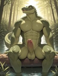 abs ai_generated anthro balls crocodile crocodilian erection forest green_skin looking_at_viewer male male_only muscular muscular_anthro muscular_male nude open_mouth pecs penis precum scalie sharp_teeth sitting solo tail yellow_eyes yiffinar