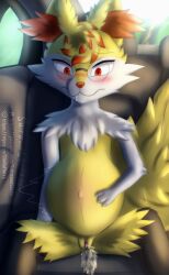 absurd_res alia_(suiro) amniotic_fluid anthro belly big_belly black_body black_fur blush blush_lines bodily_fluids braixen car detailed_background digital_media_(artwork) digital_painting_(artwork) driving drooling eyewear female fur generation_6_pokemon genital_fluids genitals glasses hi_res holding_belly labor looking_down motion_lines navel nintendo nude outie_navel painting_(artwork) pokemon pokemon_(species) pregnant red_body red_eyes red_fur saliva stellaamoris surprised vehicle vulva water_breaking white_body white_fur yellow_body yellow_fur