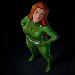 ai_generated belt black_background bodysuit cartoon_network close_up eye_contact female ginger ginger_female ginger_hair green_eyes green_suit hands_on_hips long_hair posing posing_for_picture posing_for_the_viewer sam_(totally_spies) simple_background tight_clothes tight_clothing totally_spies