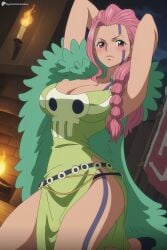 1girl ai_generated armpits arms_behind_head arms_up blush braid breasts candle cleavage digitalwaifugallery dress facial_mark fire hi_res high_quality high_resolution kneeling large_breasts long_hair looking_at_viewer one_piece panties patreon pink_eyes pink_hair ripley_(one_piece) seductive sexy single_braid solo tattoo thighs uncensored underwear watermark