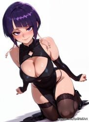 1girl 2026 ai_generated anime bangs bare_shoulders black_dress black_footwear black_panties black_thighhighs blunt_bangs blush boku_no_hero_academia boobs breasts bridal_gauntlets china_dress chinese_clothes cleavage cleavage_cutout closed_mouth clothing_cutout crossover dress eye_contact female female_focus flushed high_heels highres huge_breasts jirou_kyouka kneeling kyoka_jiro large_breasts looking_at_viewer my_hero_academia nail_polish neutral_expression nsfw panties patreon patreon_username pelvic_curtain purple_eyes purple_hair rognezart short_hair simple_background smile smiling solo thick_thighs thighhighs thighs underwear white_background