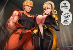 1boy 1boy1girl 1girl 1girls 2d ai_assisted ai_generated aisouls blonde blonde-haired_female blonde-haired_male blonde_female blonde_hair blonde_hair_female blonde_male blue_eyes bodysuit breasts brown_hair caption cleavage cock comic curvy deep_cleavage dialogue dick dominant domination english english_text erect_penis erection erection_under_clothes female female_domination femdom fighting_game hairband hand_on_penis handjob handjob_over_clothes hourglass_figure huge_breasts kof large_breasts large_penis latex latex_bodysuit latex_clothing lien_neville male muscles muscular patreon_logo patreon_username penis penis_grab ryo_sakazaki self_upload text the_king_of_fighters