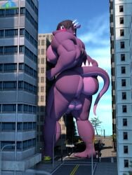 2025 3:4 3d_(artwork) albalbalb anthro balls big_butt big_muscles big_pecs blue_sky blush building butt digital_media_(artwork) dragon genitals hair hair_over_eye hi_res horn keven_(albalbalb) looking_back macro male muscular mythological_creature mythological_scalie mythology nipples nude pecs penis plant purple_body purple_eyes purple_hair purple_scales red_light road scales scalie sea shrub sky solo street_lamp tail tree water watermark