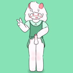 1:1 anthro blush bottomwear bovid caprine clothed clothing deltarune ears_down eyewear fur glasses goat green_clothing horn male male/male mammal no_underwear pink_eyes pivoted_ears raised_bottomwear raised_clothing raised_skirt ralsei skirt smile solo standing undertale_(series) uniform white_body white_fur yuyuawa