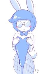 1boy 1femboy 2025 artist_signature bangs blue_theme bob_cut bowtie_collar bulge bunny_boy bunny_ears bunnysuit femboy femboy_focus femboy_only fernal-scarlet fishnets fondly_scarlet gay glasses male male/male male_focus male_only original round_glasses taffy_(fernal-scarlet)