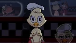 animatronic_female boobs breasts cartoon chica_(fazbear_&_friends) chica_(fnaf) dark_hallway fazbear_&_friends five_nights_at_freddy's flashback foxy_(fnaf) hotdiggedydemon implied_blowjob looking_at_breasts straight