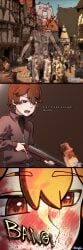 blending closed_eyes closed_mouth clothed dick elsvime gun hiding lioroy lucast meccha_chameleon naked naked_male open_mouth selehyme_(artist)