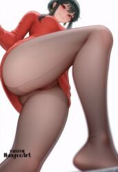 1girl ai_generated artist_name ass bangs black_hair black_pantyhose blush breasts brown_pantyhose closed_mouth dress earrings from_below gold_earrings hairband jewelry large_breasts legs long_hair long_sleeves looking_at_viewer looking_down no_shoes nuageeart pantyhose questionable red_eyes red_sweater short_hair_with_long_locks sidelocks simple_background smile solo spy_x_family sweater sweater_dress thighs white_background yor_briar yor_forger