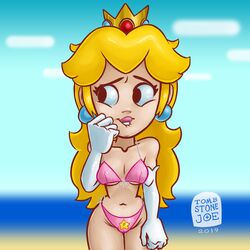 1girls beach bikini biting_lip black_eyes blonde_hair breasts crown earrings elbow_gloves female female_only gloves human long_hair looking_away mario_(series) nintendo outdoors pink_bikini princess_peach sky solo standing swimsuit tombstonejoe very_long_hair