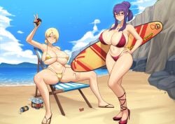 beach beach_background beer beer_can beer_cans bikini blue_eyes breasts chikaretsu closers commission commissioner_upload crossover decal decals flip_flops glasses gold_bikini hand_on_hip harpy_(closers) heels hi_res high_quality large_breasts love mole_on_breast mole_under_eye peace_symbol png purple_hair real_world_location red_eyes revealing_outfit rin_(senran_kagura) senran_kagura spread_legs surfboard suzune_(senran_kagura) sweat teacher thick thick_thighs wet