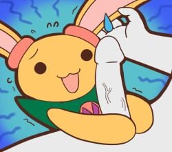 anthro bodily_fluids chibi clothing duo ear_grab erection female fur genitals handjob human humanoid_genitalia humanoid_penis lagomorph leporid male male/female male_human mammal nervous offscreen_male open_mouth penile penis penis_grab questionable_consent rabbit serotonin_(sweet_valerian) sex sweat sweet_valerian unknown_artist vein yellow_body yellow_fur