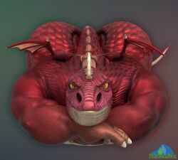 2026 3d_(artwork) albalbalb anthro ass_up barazoku big_butt bubble_butt butt crossed_arms digital_media_(artwork) dragon front_view furrowed_eyebrows giana_sisters gurglewocky_(giana_sisters) huge_butt lying male mythological_creature mythological_scalie mythology on_front red_body red_eyes red_scales scales scalie simple_background smile smiling_at_viewer solo tail tan_body tan_scales watermark wings yellow_eyes