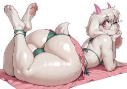 1anthro 1femboy ai_generated anklet anthro arm_rest beach_towel bulge crossed_ankles curvy deltarune femboy flat_chest furry goldybo hand_on_cheek huge_ass lying lying_on_stomach narrow_waist panty_bulge pawpads pink_eyes pink_horns ralsei ralsei_with_white_fur sarong smile string_bikini tagme thicc thick_thighs white_fur wide_hips wink