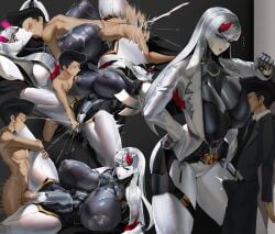 1boy 1girls areolae black_hair blizzard_entertainment breasts duo huge_breasts larger_female nipples overwatch overwatch_2 robot_girl sex shion_(overwatch) size_difference smaller_male white_hair zenatsu
