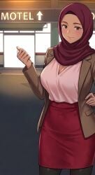 ai_generated arabian cleavage female hijab hijabi pencil_skirt tanned tanned_female tanned_skin