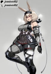 1girl ai_generated animal_ears armor armored_boots armpit_crease bare_shoulders black_gloves black_skirt boots breasts character_name clothing detached_sleeves female forehead_protector gauntlets gloves greaves grey_background grey_hair hair_between_eyes headgear heavy_breathing jennieart02 large_breasts medium_hair open_mouth patreon patreon_logo patreon_username rabbit_ears rabbit_girl rabbit_tail short_hair sideboob simple_background skindentation skirt solo standing steaming_body sweat tail thick_thighs thighhighs thighs twitter twitter_username vambraces watermark