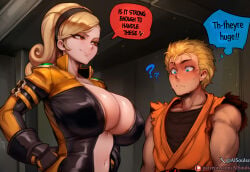 1boy 1boy1girl 1girl 1girls 2d ai_assisted ai_generated aisouls blonde blonde-haired_female blonde-haired_male blonde_female blonde_hair blonde_hair_female blonde_male blue_eyes blush bodysuit breasts brown_hair caption cleavage comic curvy deep_cleavage dialogue dominant domination english english_text female female_domination femdom fighting_game hairband hand_on_hip hourglass_figure huge_breasts kof latex latex_bodysuit latex_clothing lien_neville male muscles muscular patreon_logo patreon_username ryo_sakazaki self_upload short_hair surprised text the_king_of_fighters