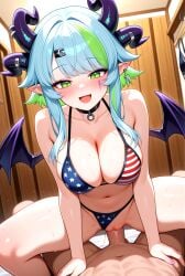 1boy 1girl ai_generated american_flag_bikini big_breasts bikini bikini_bottom_aside black_collar blush breasts bsapricot_(vtuber) changing_room collar cowgirl_position earrings facial_markings froot green_eyes green_hair hair_clip horns indie_virtual_youtuber legs_spread lich multicolored_hair naked_male nude nude_male penis_in_pussy pointy_ears pov pussy_juice sex short_hair smile teal_hair vaginal_penetration virtual_youtuber vtuber wings