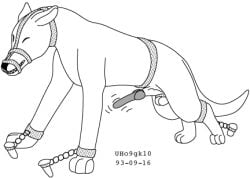 1993 animal_genitalia animal_penis balls black_and_white bound canid canine canine_genitalia canine_penis dated erection eyes_closed feral genitals greyscale knot knotted_penis low_res male mammal monochrome muzzle_(object) penis sharp_teeth simple_background solo standing struggling tail teeth toony urbanhermit white_background