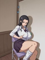 1girls ai_generated big_boobs big_breasts black_hair blue_eyes chair curvy curvy_body curvy_female curvy_figure huge_breasts kyoru189 large_breasts light-skinned_female light_skin looking_at_viewer mature_female milf nico_robin one_piece school_uniform schoolgirl shiny shiny_skin shirt shoes sitting sitting_on_chair skirt socks solo solo_female stockings