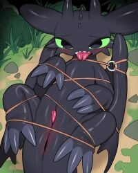 absurd_res animal_genitalia anus black_eyes blush bodily_fluids bound claws detailed_background dragon dreamworks european_mythology feral forked_tongue fury_(httyd) genital_slit genitals grass green_sclera hi_res how_to_train_your_dragon lying male mythological_creature mythological_scalie mythology night_fury on_back open_mouth penis penis_tip plant quadruped scalie solo sweat tail teeth tongue toothless western_dragon wings xvx_magenta
