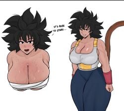 black_hair boobs dialogue dragon_ball dragon_ball_super dragon_ball_z fokii huge_breasts huge_tits jj_fuki muscles muscular pants saiyan saiyan_armor saiyan_female saiyan_tail shirtless shirtless_female staring sweat sweating sweaty sweaty_breasts sweaty_tits thick_thighs tits titties