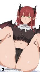 1girl ai_generated artist_name ass bangs black_horns black_nails black_panties blunt_bangs blush breasts cameltoe cosplay covered_nipples demon_girl demon_horns demon_wings frills green_eyes horns kitagawa_marin large_breasts long_hair looking_at_viewer marin_kitagawa my_dress_up_darling nail_polish navel panties patreon pointy_ears pout questionable red_hair senpai_pixels solo sono_bisque_doll_wa_koi_wo_suru spread_legs thighs underwear white_background wings
