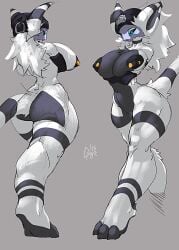 anthro areola arm_under_breasts barbell_piercing beanie big_breasts big_ears breasts clothing digs female gil_(digs) hair hat headgear headwear hi_res long_hair nipple_dip nipple_piercing nipples nude nude_female piercing solo tail unknown_species wide_hips