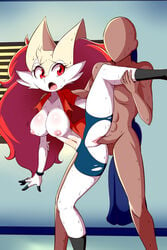 2019 5_fingers anthro anthrofied big_breasts bike_shorts braixen bray_(lucyfercomic) breasts canid canine clothed clothing duo exposed_breasts faceless_male female fur hair highres human interspecies long_hair lucyfercomic male mammal navel nintendo nipples open_shirt penetration pokémon_(species) pokemon pokemon_(species) pokephilia raised_leg red_eyes red_hair sex shorts standing_sex straight sweat t-square_position torn_clothing vaginal_penetration video_games white_fur yellow_fur