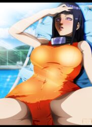 1girls big_breasts blue_hair blush breasts busty female female_only forehead_protector human hyuuga_hinata large_breasts long_hair naruto naruto_(series) naruto_shippuden one-piece_swimsuit orange_swimsuit purple_eyes silver_eyes solo spread_legs sweat swimsuit