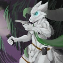 1:1 animal_genitalia anthro balls belt blue_eyes casualties:_unknown felinferno flashlight fur genitals gun gunsawian handgun hi_res male milky_(gunsawian) nipples plant pouch_(clothing) ranged_weapon revolver sheath solo vines weapon white_body white_fur