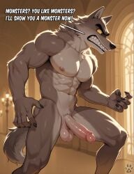 5_fingers ai_generated angry anthro balls brown_fur canine completely_nude completely_nude_male dreamworks english_text erection feet_out_of_frame male male_only mr._wolf_(the_bad_guys) muscular muscular_anthro muscular_male nude penis solo the_bad_guys two-tone_body two_tone_fur wolf yellow_sclera yiffinar