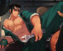 2boys abs bare_breasts big_hands black_hair breasts collarbone duo fingerless_gloves garage gay gloves goggles goggles_on_head grey_eyes hi_res looking_at_viewer lying lying_on_person lying_on_side male male/male male_only manly mature_male mechanic muscles muscular muscular_male no_visible_genitalia one_leg_up open_clothes original original_character overalls pecs short_hair sideburns six_pack sweat sweatdrop sweating sweaty very_sweaty wrench xuanlvclamp yaoi